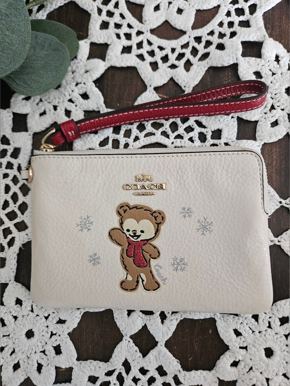 Coach Bear Snowflake Leather Wristlet Soft Girl Aesthetic Pastel Winter Core